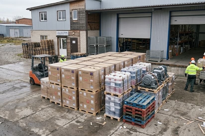 Forklift loading palletized freight outside the warehouse