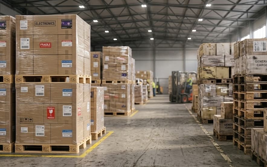 Warehouse aisle lined with palletized inventory