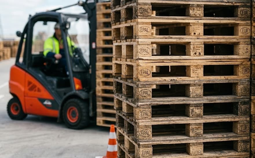 Forklift moving a tall stack of reclaimed EPAL pallets in the yard