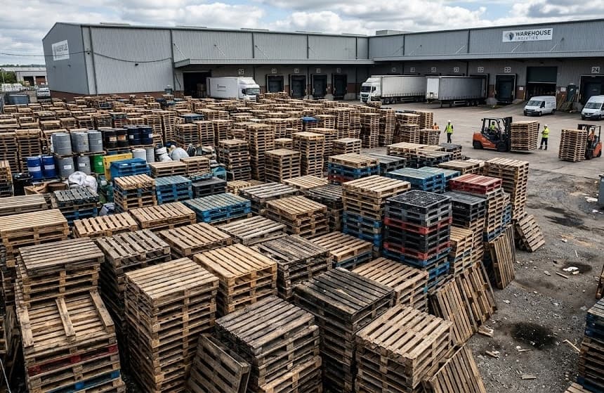 Aerial view of a large pallet yard with sorted stacks